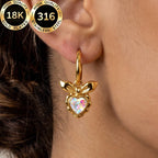 18k Bow Heart Stone Hoop Earrings