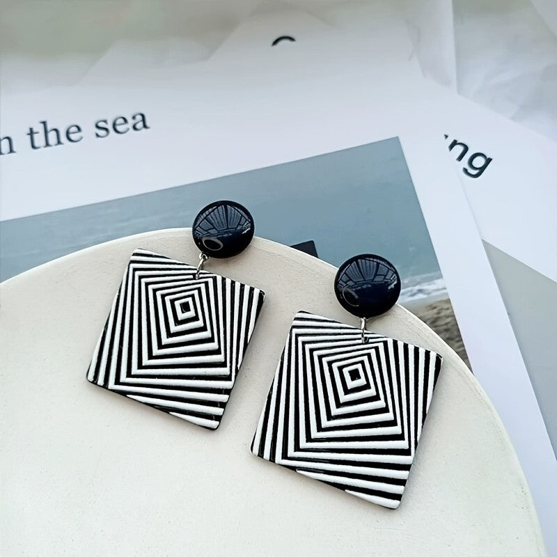 Geometric Black Square Drop Earrings