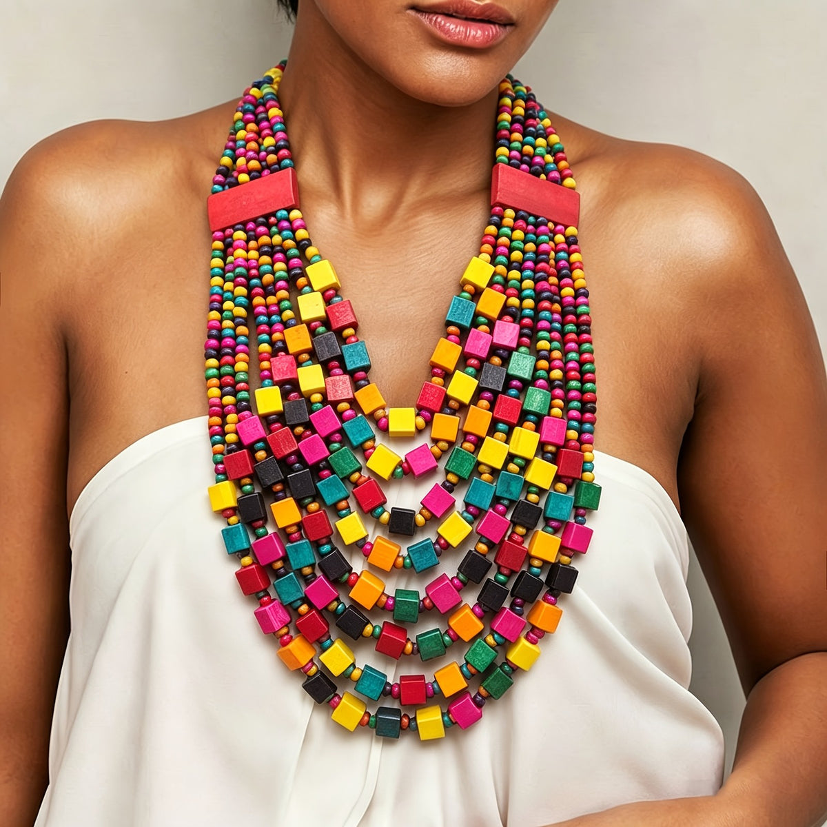 Multi-Strand Colorful Square Bead Necklace