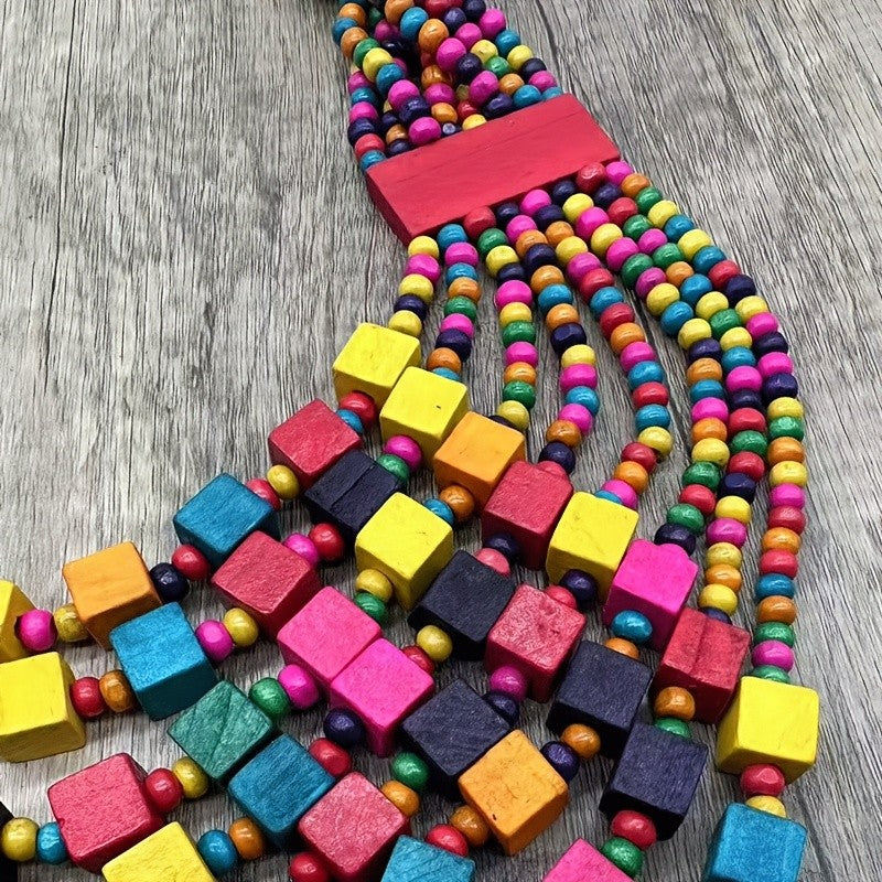 Multi-Strand Colorful Square Bead Necklace
