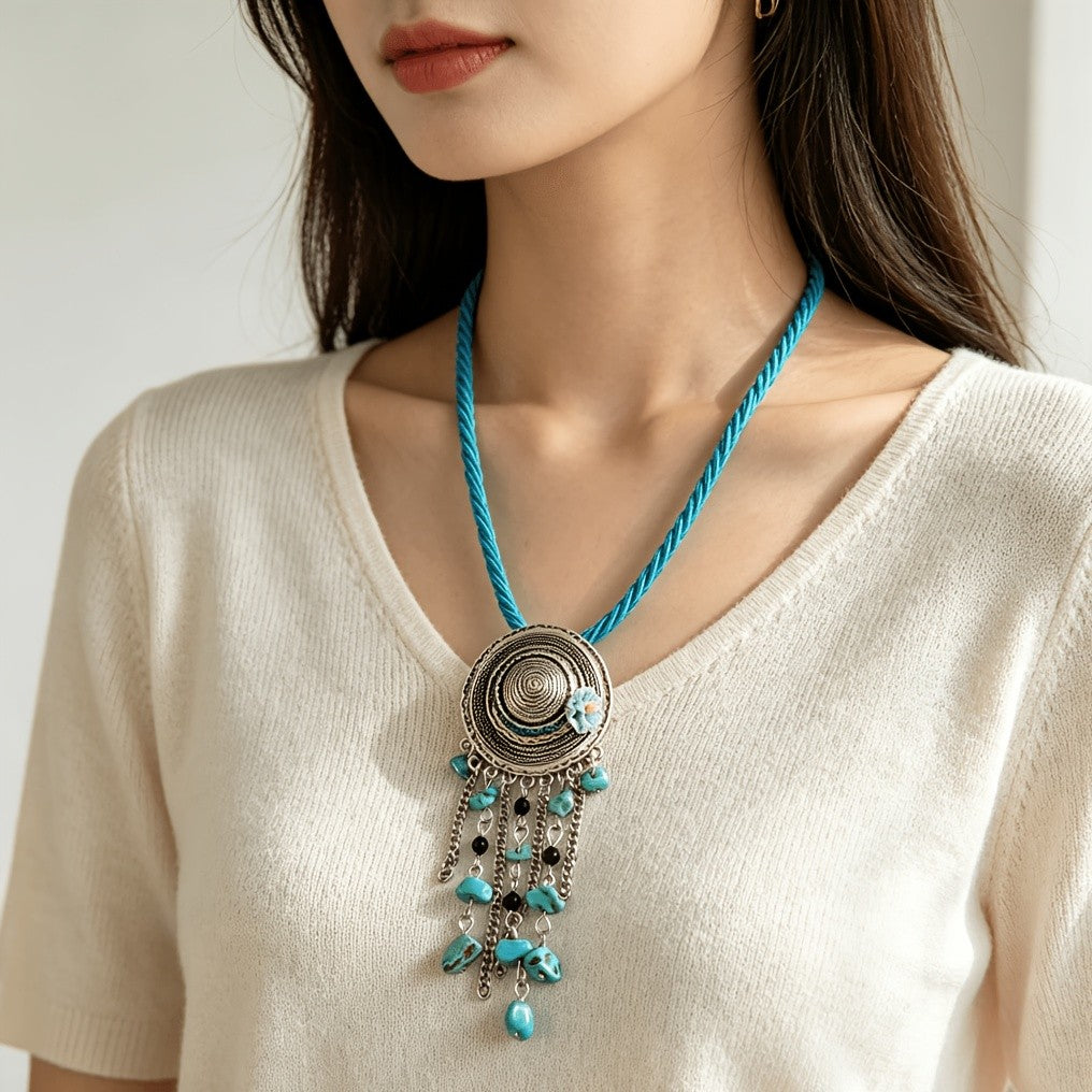 Bohemian Turquoise Tassel Pendant Necklace