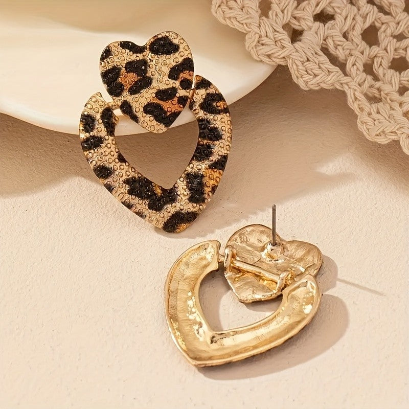 Asymmetric Leopard Heart Earrings