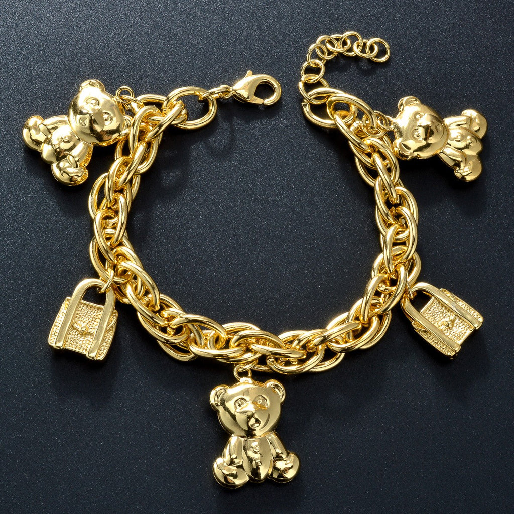 18k Bear and Lock Charm Chain Bracelet