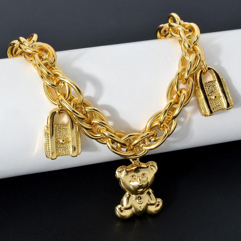 18k Bear and Lock Charm Chain Bracelet