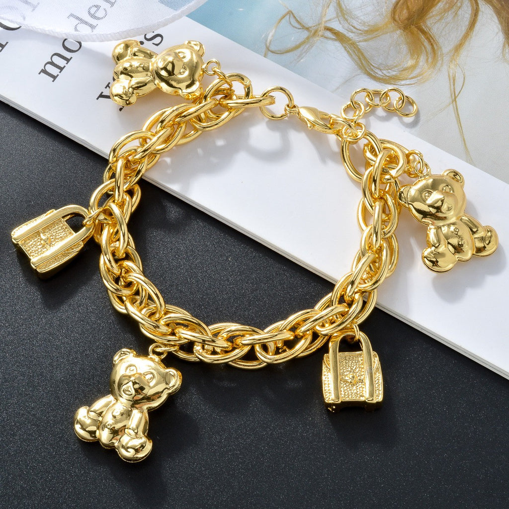 18k Bear and Lock Charm Chain Bracelet