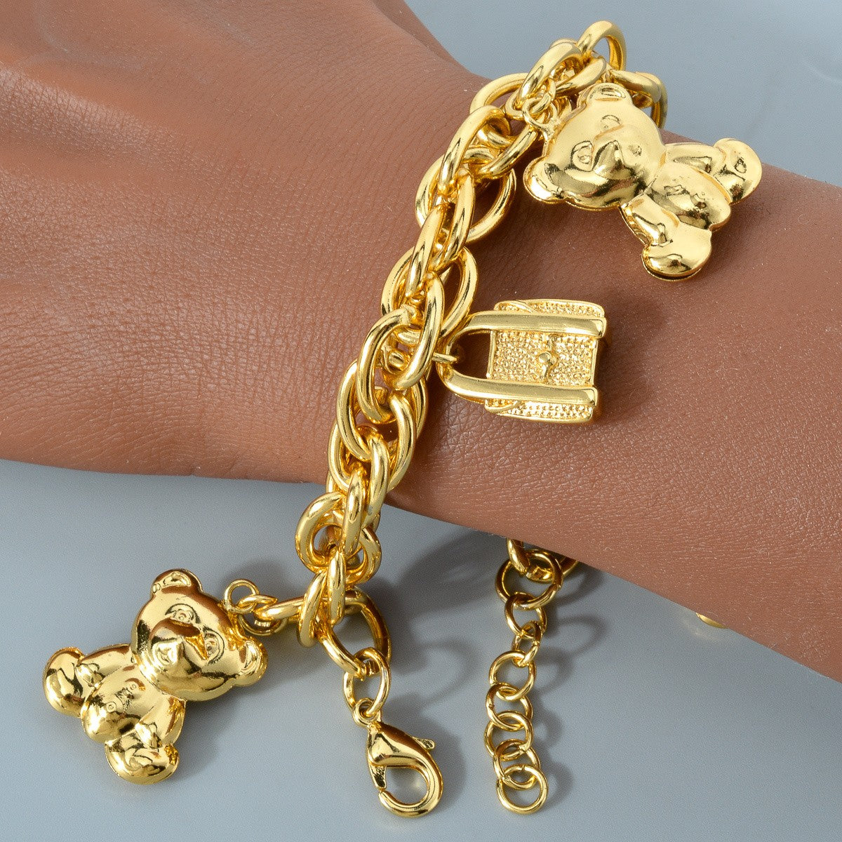 18k Bear and Lock Charm Chain Bracelet