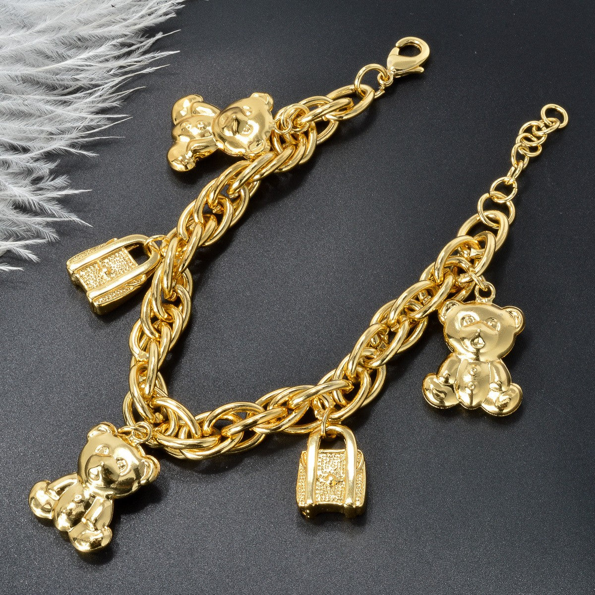 18k Bear and Lock Charm Chain Bracelet