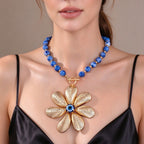 Blue Beaded Flower Pendant Necklace