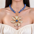 Blue Beaded Flower Pendant Necklace