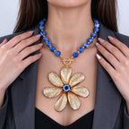 Blue Beaded Flower Pendant Necklace