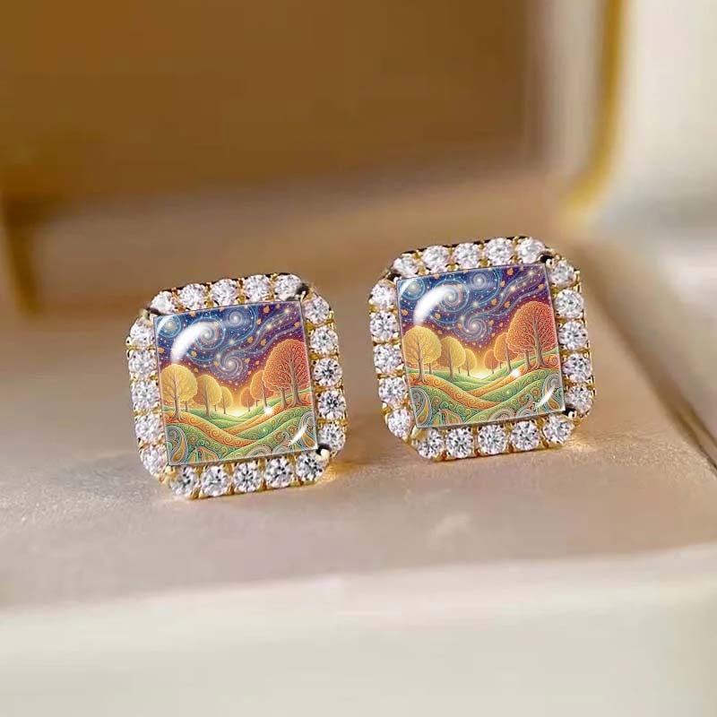 Vintage Square Landscape Stud Earrings