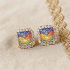 Vintage Square Landscape Stud Earrings