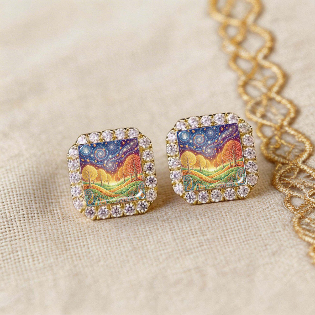 Vintage Square Landscape Stud Earrings