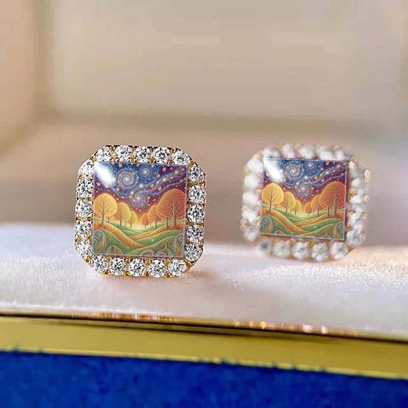 Vintage Square Landscape Stud Earrings