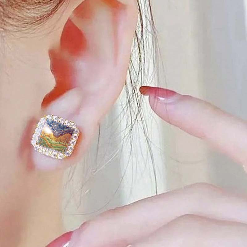 Vintage Square Landscape Stud Earrings