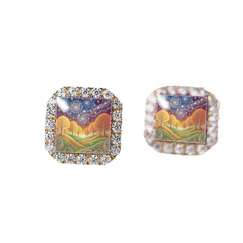 Vintage Square Landscape Stud Earrings