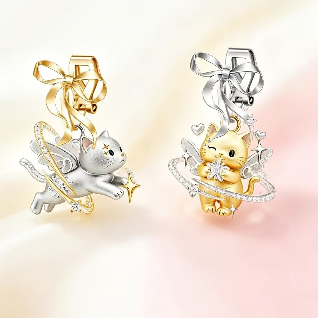 Asymmetric Angel Cat Clip Earrings