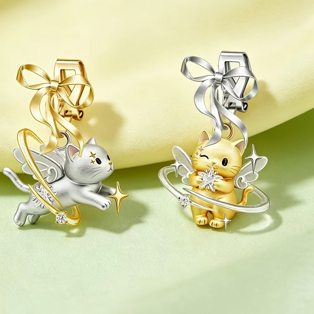 Asymmetric Angel Cat Clip Earrings