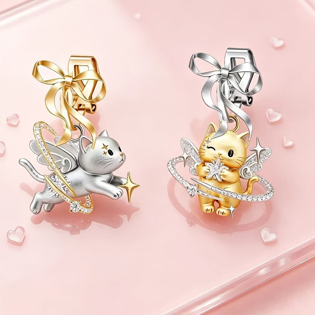 Asymmetric Angel Cat Clip Earrings