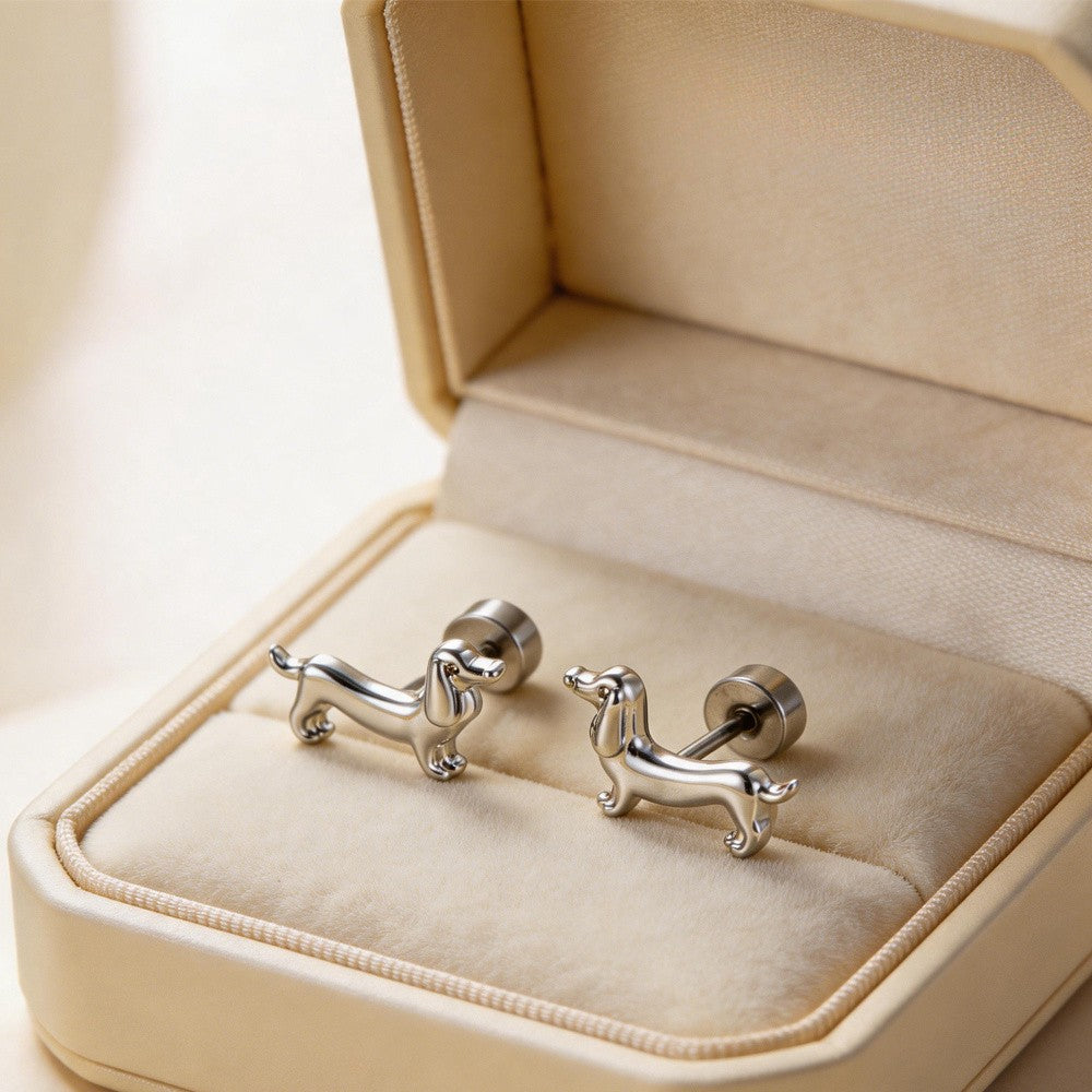 White K Dachshund Stud Earrings