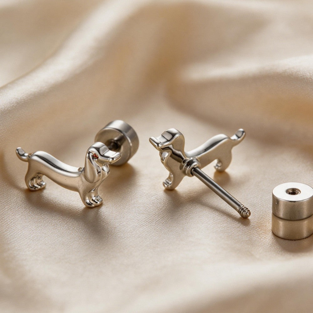 White K Dachshund Stud Earrings