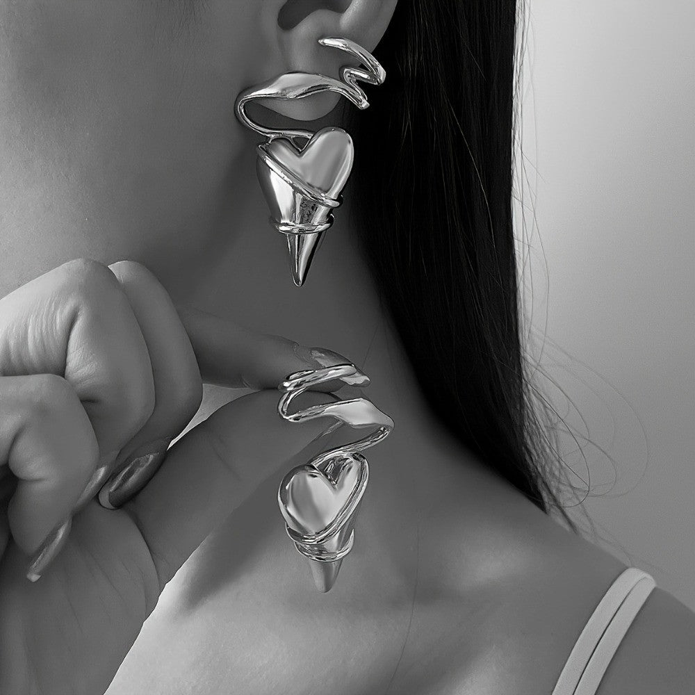 Asymmetric Silver Heart Drop Earrings