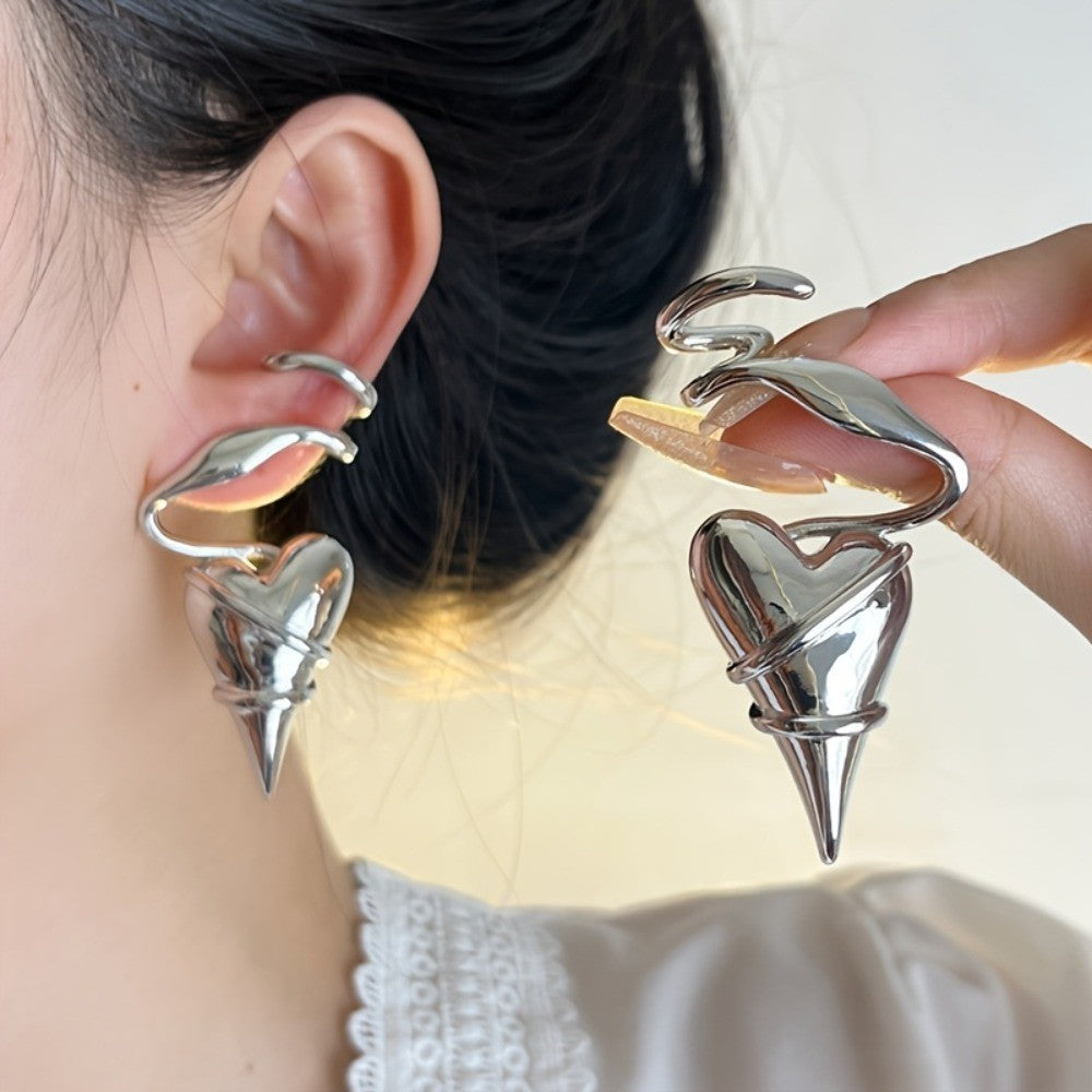 Asymmetric Silver Heart Drop Earrings
