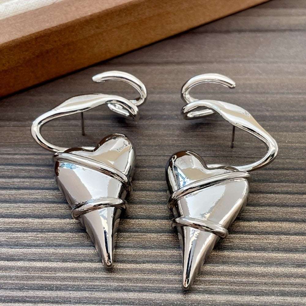 Asymmetric Silver Heart Drop Earrings