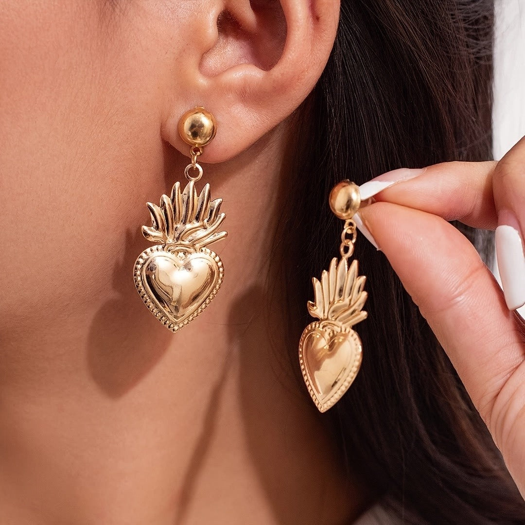 Retro Flame Heart Drop Earrings