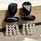 Geometric Black Resin Pearl Tassel Earrings