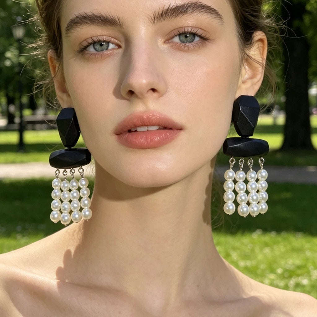 Geometric Black Resin Pearl Tassel Earrings