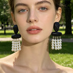 Geometric Black Resin Pearl Tassel Earrings