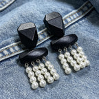 Geometric Black Resin Pearl Tassel Earrings