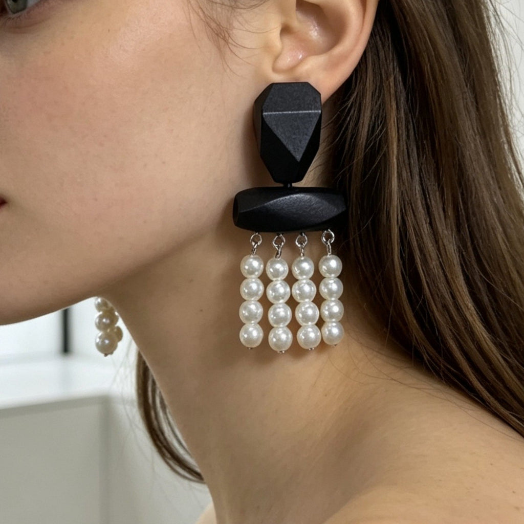Geometric Black Resin Pearl Tassel Earrings