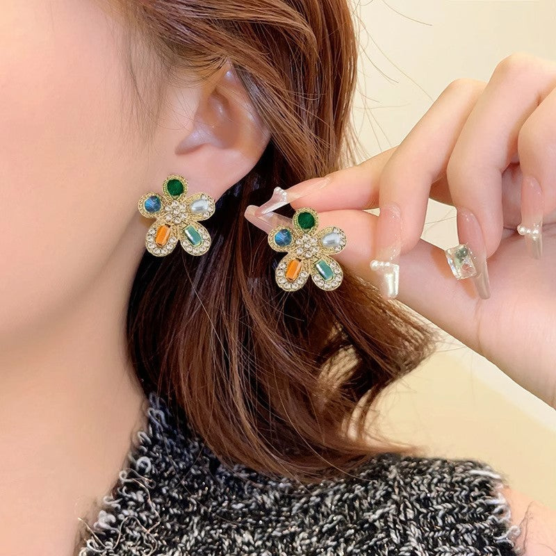 Multicolor Flower Stone Stud Earrings