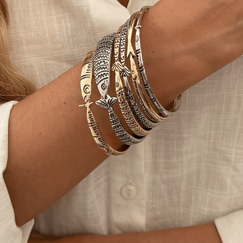 Vintage Engraved Fish Open Bangle Set