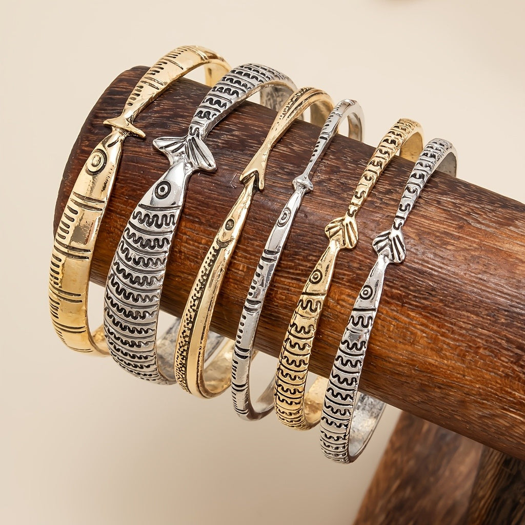 Vintage Engraved Fish Open Bangle Set