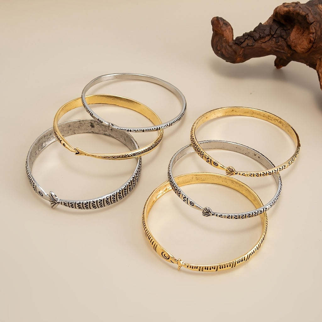 Vintage Engraved Fish Open Bangle Set