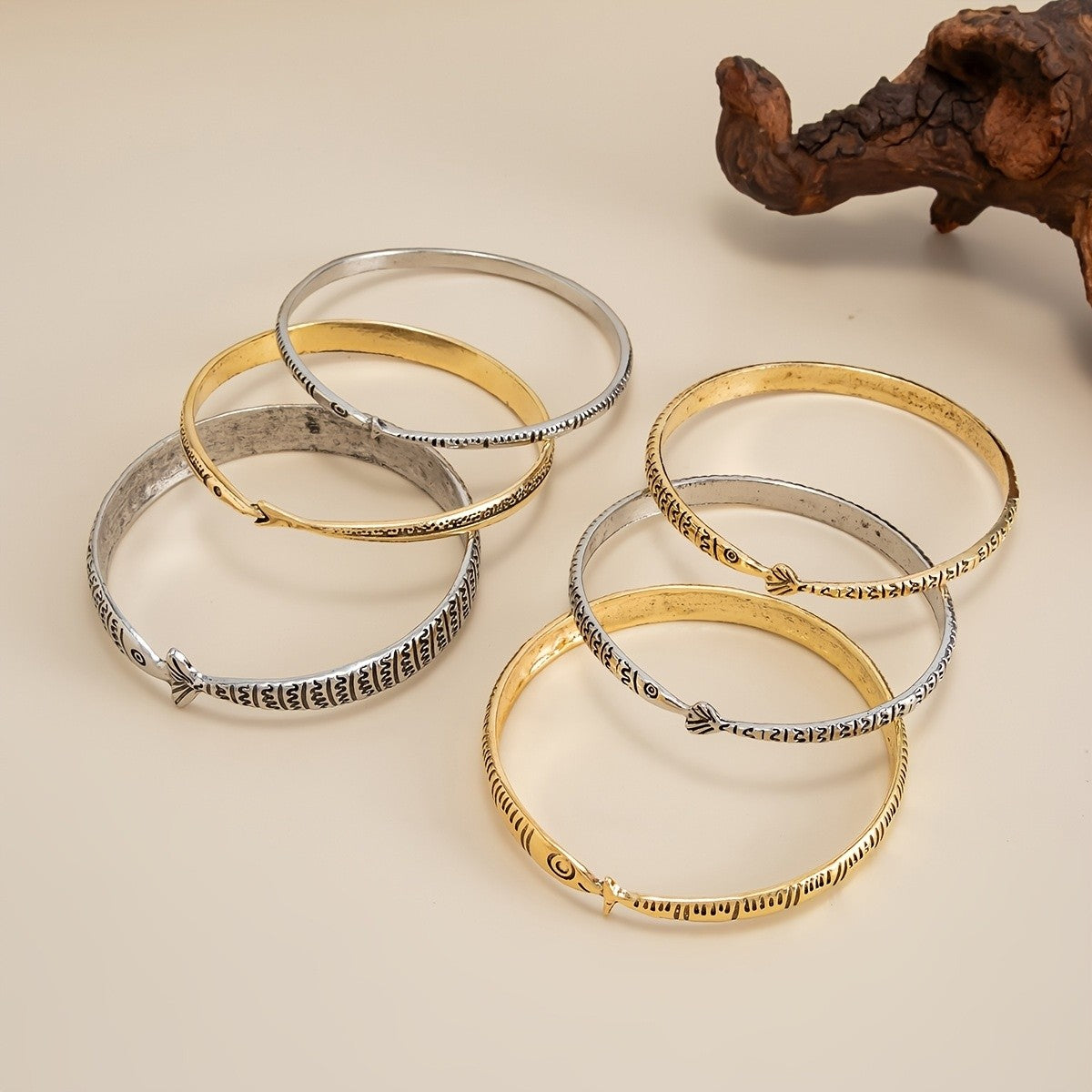 Vintage Engraved Fish Open Bangle Set