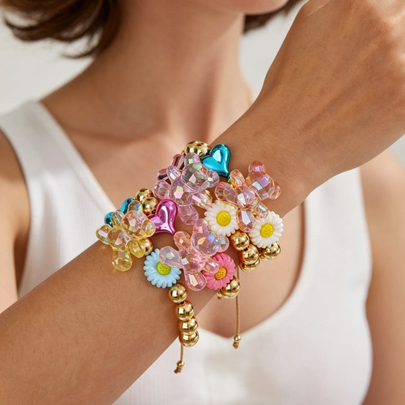 18k Multicolor Flower & Heart Bead Bracelet