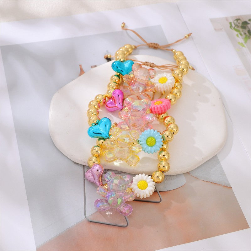 18k Multicolor Flower & Heart Bead Bracelet