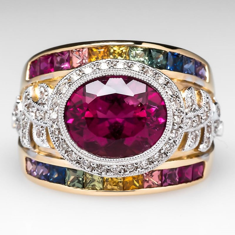 Vintage Oval Multi-Stone Wide Band Ring