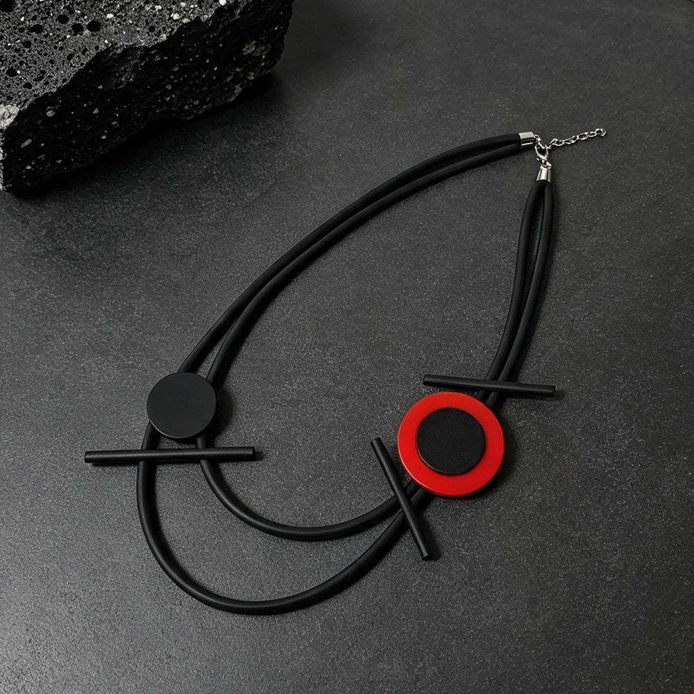 Geometric Black Red Circle Necklace