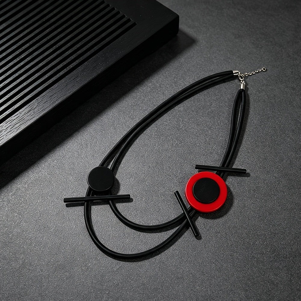 Geometric Black Red Circle Necklace
