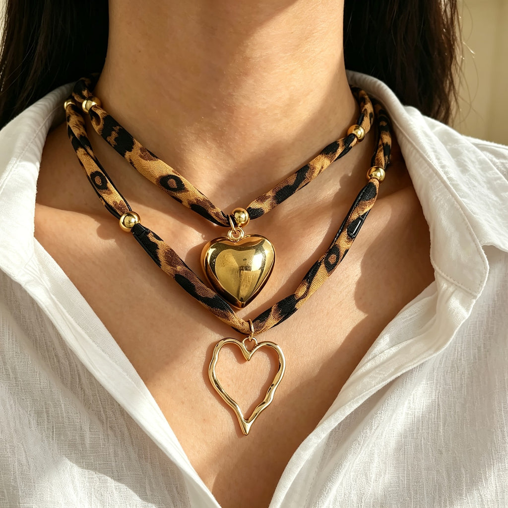Leopard Print Double Layer Heart Necklace