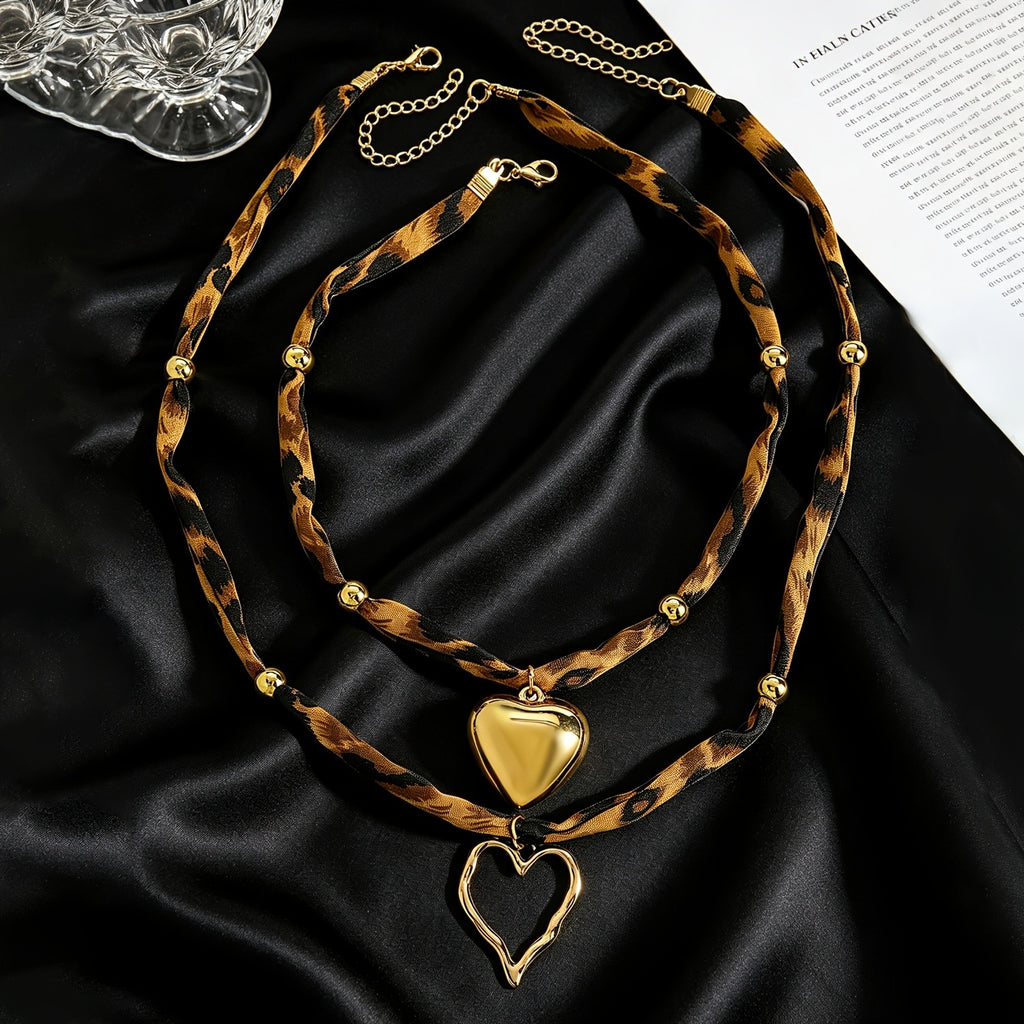 Leopard Print Double Layer Heart Necklace
