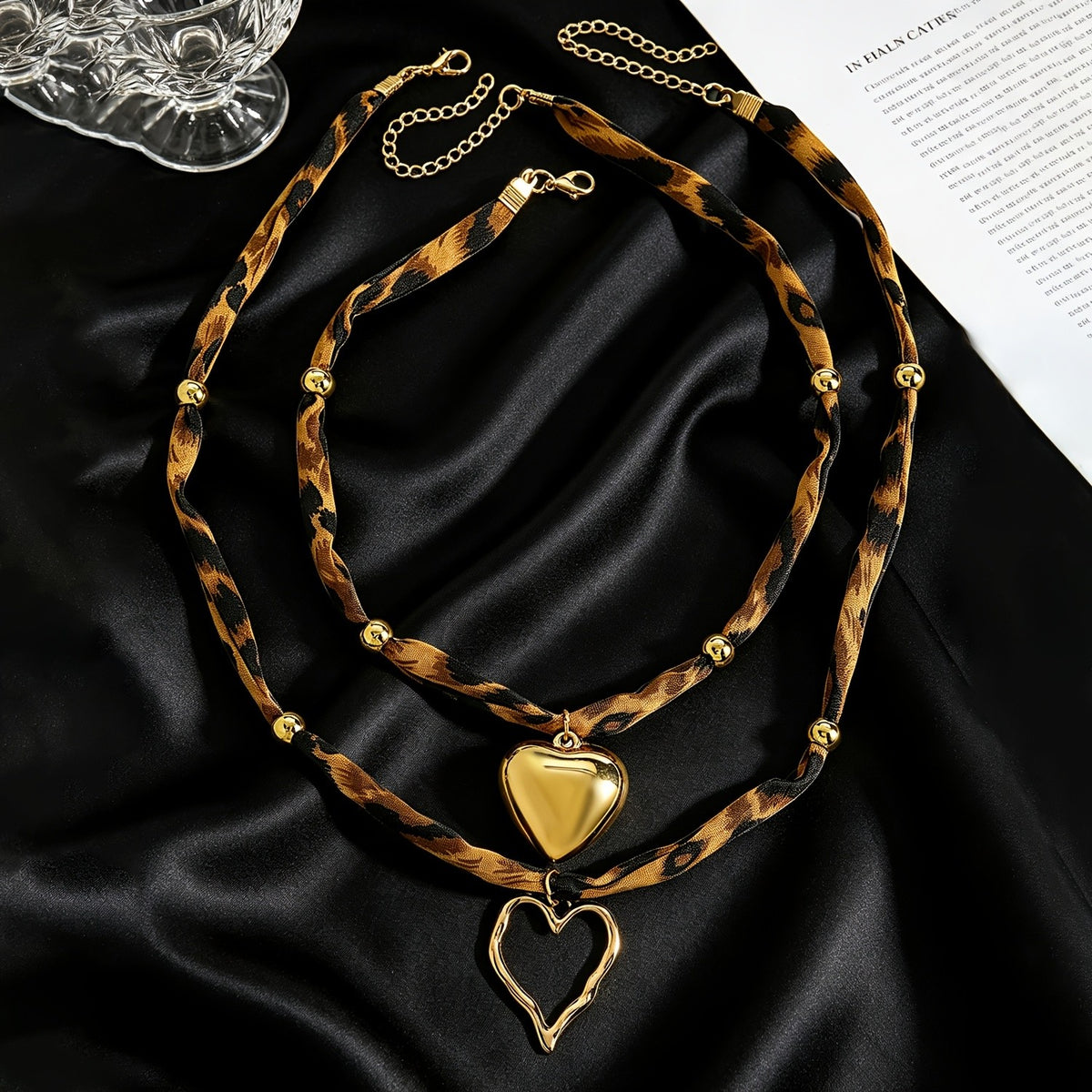 Leopard Print Double Layer Heart Necklace