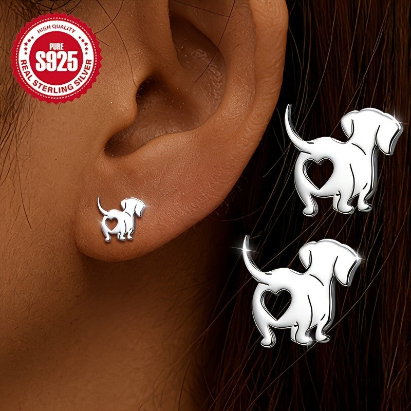 S925 Heart Dog Stud Earrings