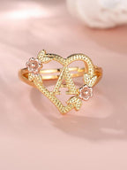 Adjustable Heart Flower Letter Ring