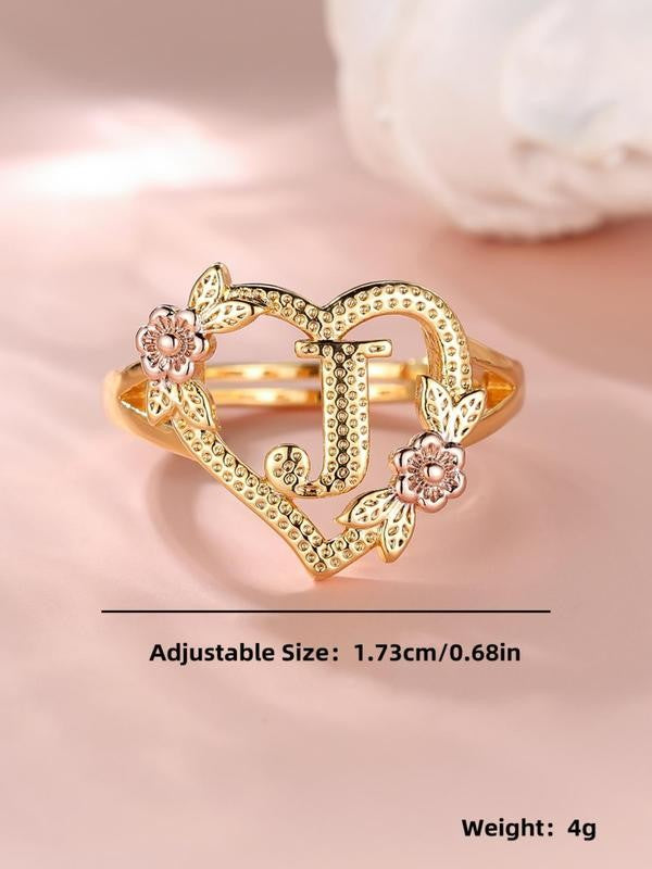 Adjustable Heart Flower Letter Ring